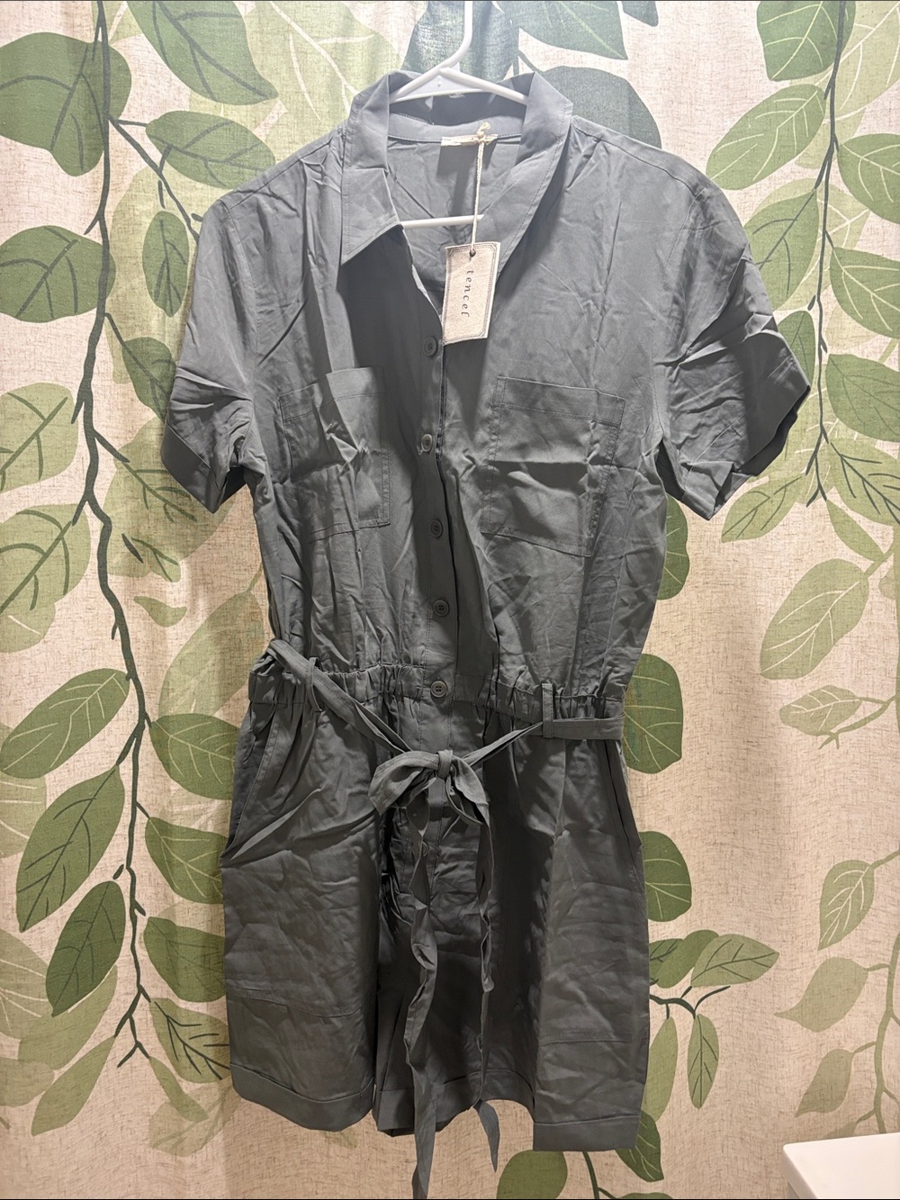 Mystree Slate green Tencel Button-Front romper
